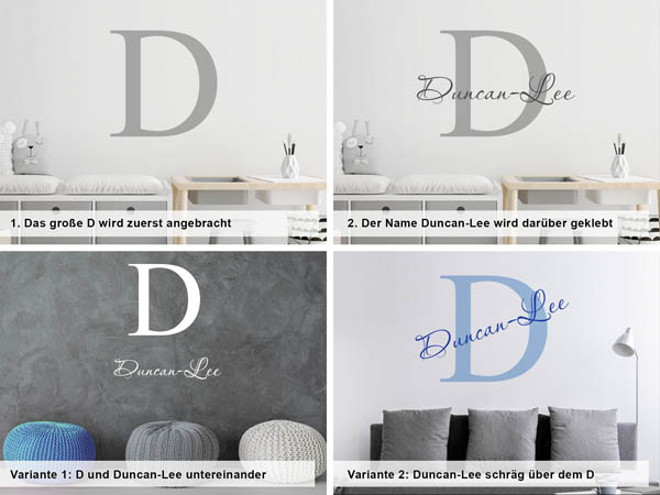 Verschiedene Anordnungen des Wandtattoos Duncan-Lee