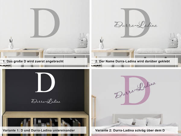 Verschiedene Anordnungen des Wandtattoos Durra-Ladina