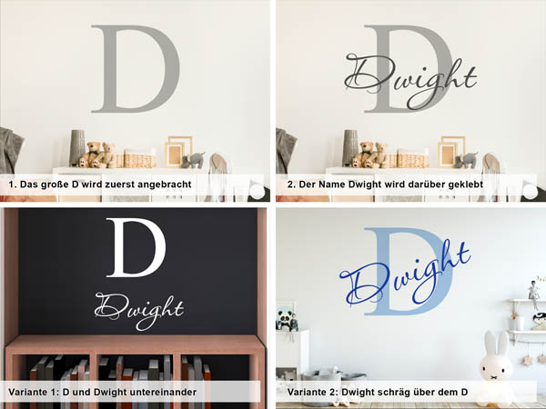 Verschiedene Anordnungen des Wandtattoos Dwight