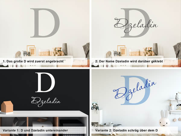 Verschiedene Anordnungen des Wandtattoos Dzeladin