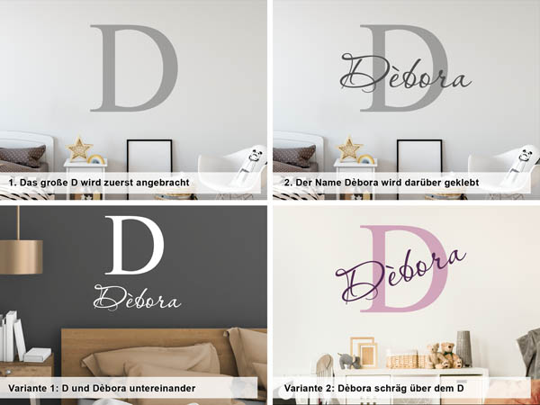 Verschiedene Anordnungen des Wandtattoos Dèbora