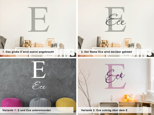 Verschiedene Anordnungen des Wandtattoos Ece