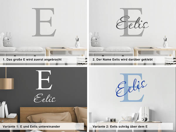 Verschiedene Anordnungen des Wandtattoos Eelis