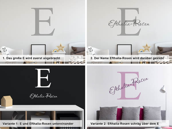 Verschiedene Anordnungen des Wandtattoos Efthalia-Rosen