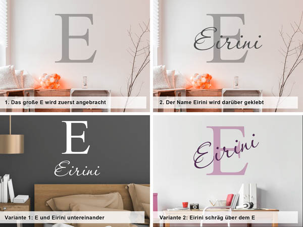 Verschiedene Anordnungen des Wandtattoos Eirini
