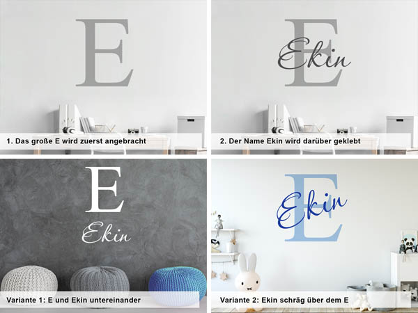 Verschiedene Anordnungen des Wandtattoos Ekin