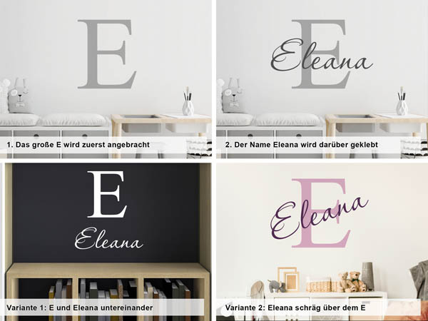 Verschiedene Anordnungen des Wandtattoos Eleana