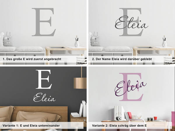 Verschiedene Anordnungen des Wandtattoos Eleia