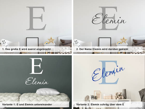 Verschiedene Anordnungen des Wandtattoos Elemin