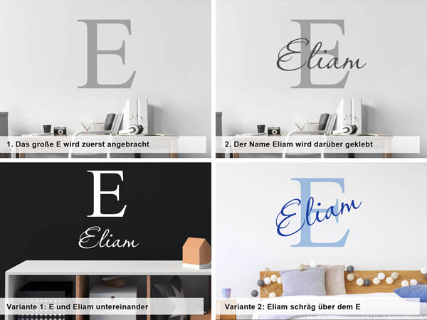 Verschiedene Anordnungen des Wandtattoos Eliam