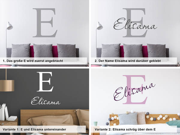 Verschiedene Anordnungen des Wandtattoos Elisama