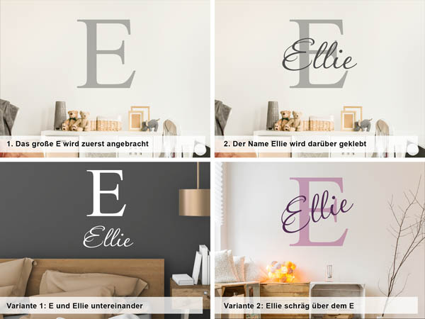 Verschiedene Anordnungen des Wandtattoos Ellie