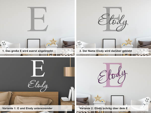 Verschiedene Anordnungen des Wandtattoos Elody