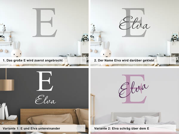 Verschiedene Anordnungen des Wandtattoos Elva