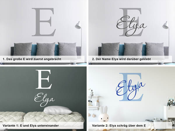 Verschiedene Anordnungen des Wandtattoos Elya