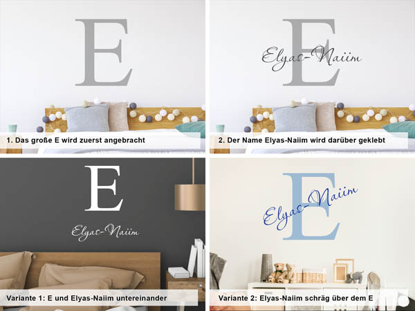 Verschiedene Anordnungen des Wandtattoos Elyas-Naiim