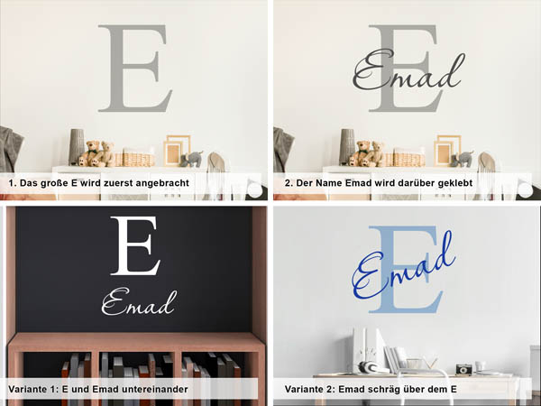 Verschiedene Anordnungen des Wandtattoos Emad