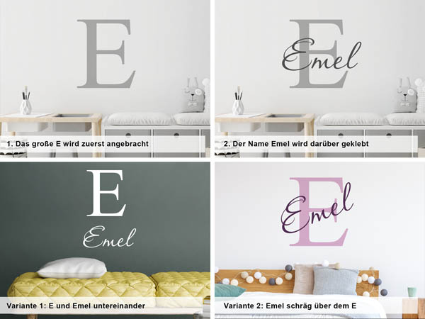 Verschiedene Anordnungen des Wandtattoos Emel