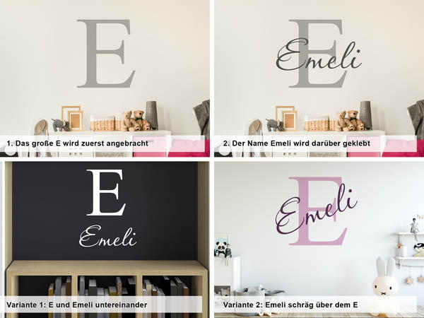 Verschiedene Anordnungen des Wandtattoos Emeli