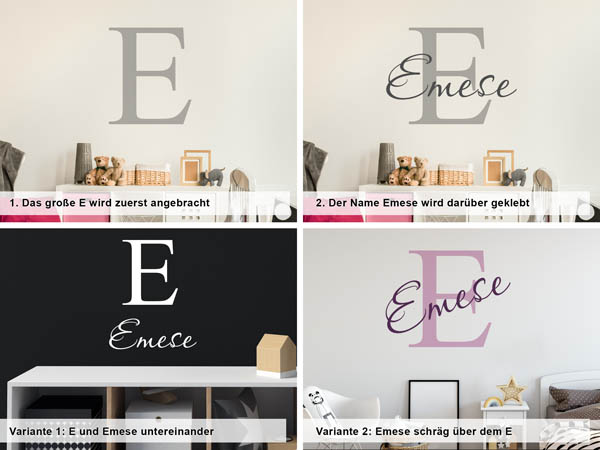 Verschiedene Anordnungen des Wandtattoos Emese