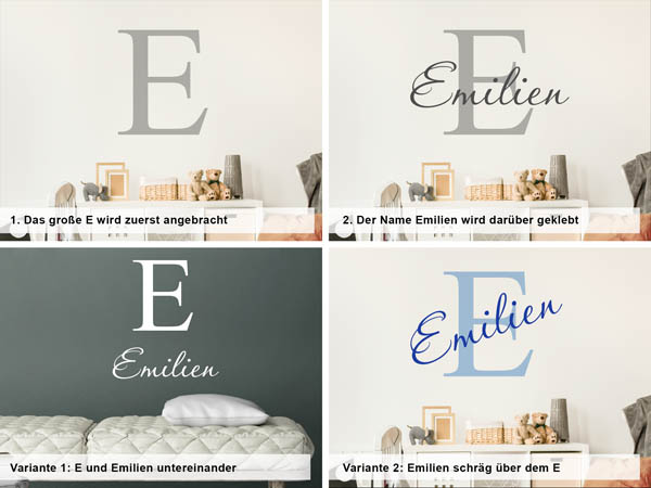 Verschiedene Anordnungen des Wandtattoos Emilien