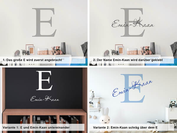 Verschiedene Anordnungen des Wandtattoos Emin-Kaan