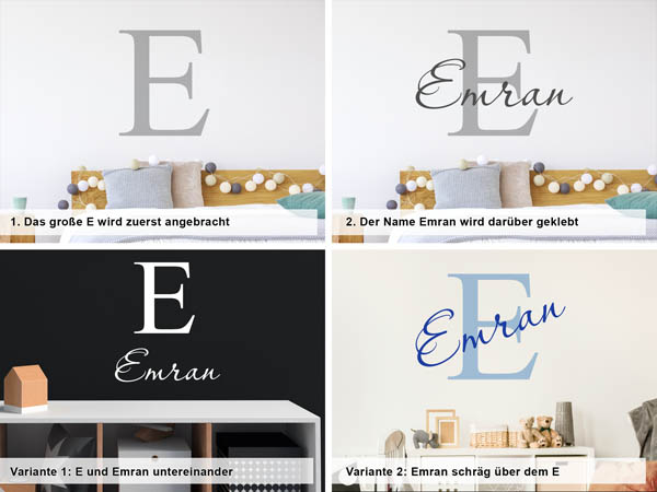 Verschiedene Anordnungen des Wandtattoos Emran