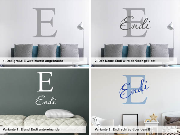 Verschiedene Anordnungen des Wandtattoos Endi