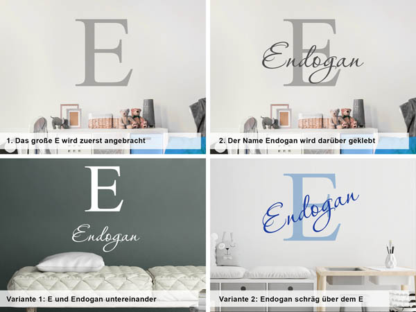 Verschiedene Anordnungen des Wandtattoos Endogan