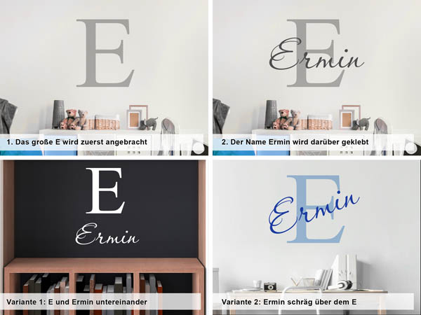 Verschiedene Anordnungen des Wandtattoos Ermin