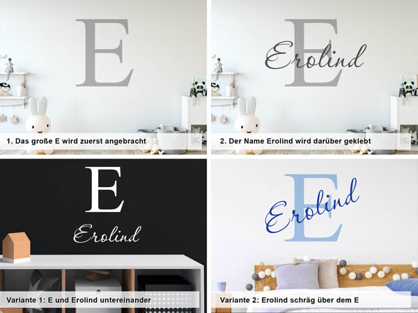 Verschiedene Anordnungen des Wandtattoos Erolind
