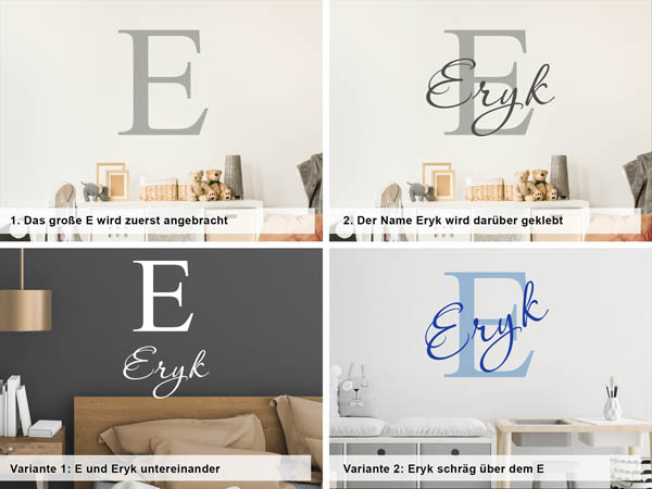 Verschiedene Anordnungen des Wandtattoos Eryk