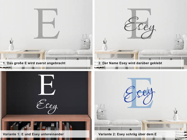 Verschiedene Anordnungen des Wandtattoos Esey