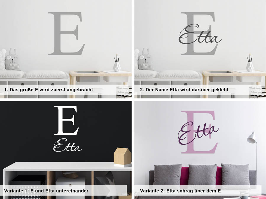 Verschiedene Anordnungen des Wandtattoos Etta