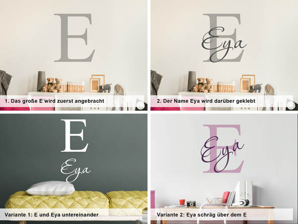 Verschiedene Anordnungen des Wandtattoos Eya