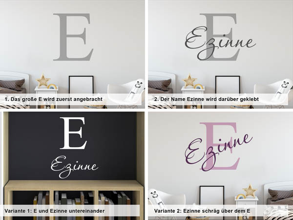 Verschiedene Anordnungen des Wandtattoos Ezinne