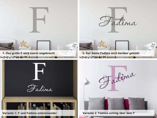 Verschiedene Anordnungen des Wandtattoos Fadima