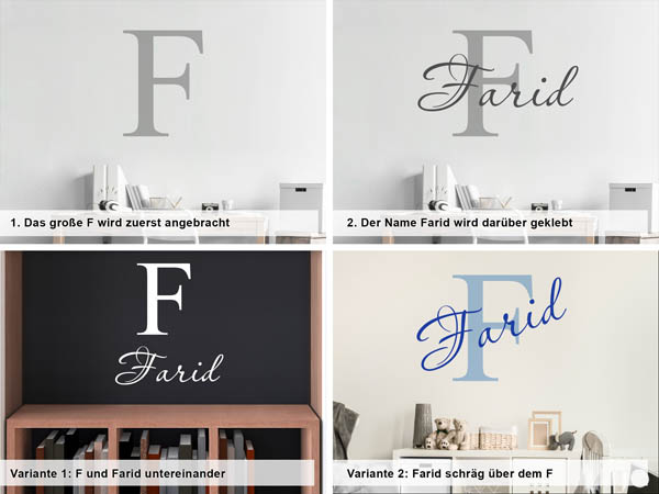Verschiedene Anordnungen des Wandtattoos Farid