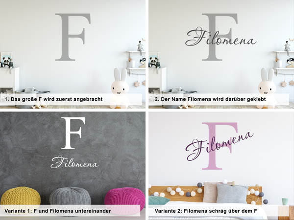 Verschiedene Anordnungen des Wandtattoos Filomena