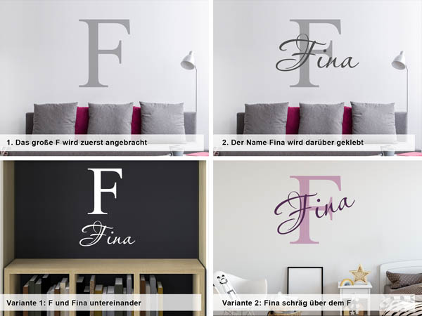 Verschiedene Anordnungen des Wandtattoos Fina