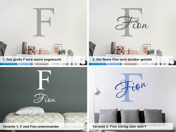 Verschiedene Anordnungen des Wandtattoos Fion