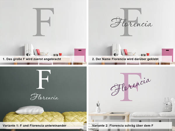 Verschiedene Anordnungen des Wandtattoos Florencia