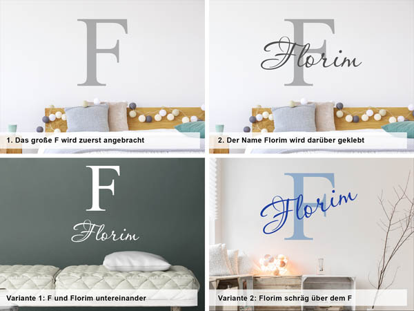 Verschiedene Anordnungen des Wandtattoos Florim