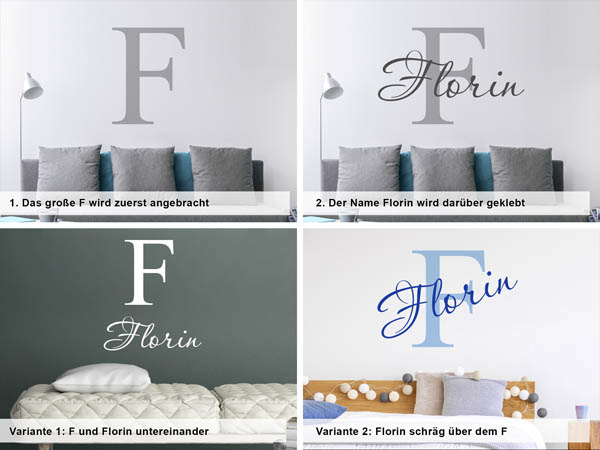 Verschiedene Anordnungen des Wandtattoos Florin