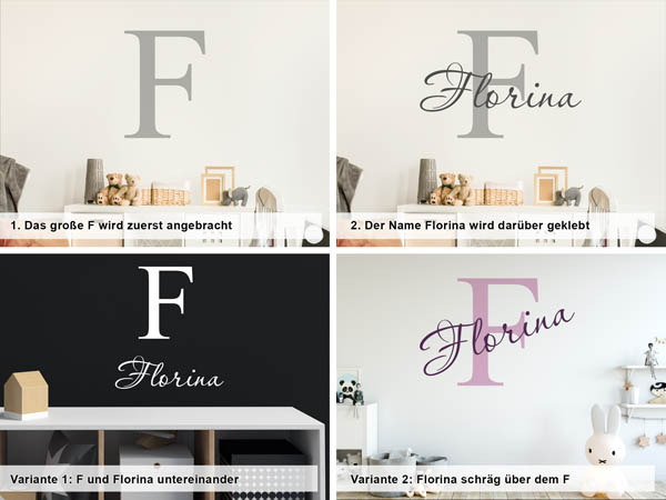 Verschiedene Anordnungen des Wandtattoos Florina