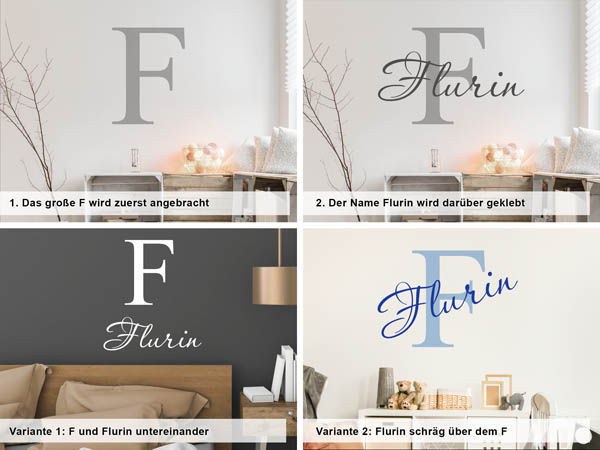 Verschiedene Anordnungen des Wandtattoos Flurin