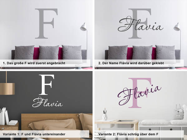 Verschiedene Anordnungen des Wandtattoos Flávia