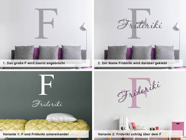 Verschiedene Anordnungen des Wandtattoos Frideriki