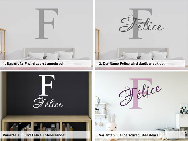 Verschiedene Anordnungen des Wandtattoos Félice