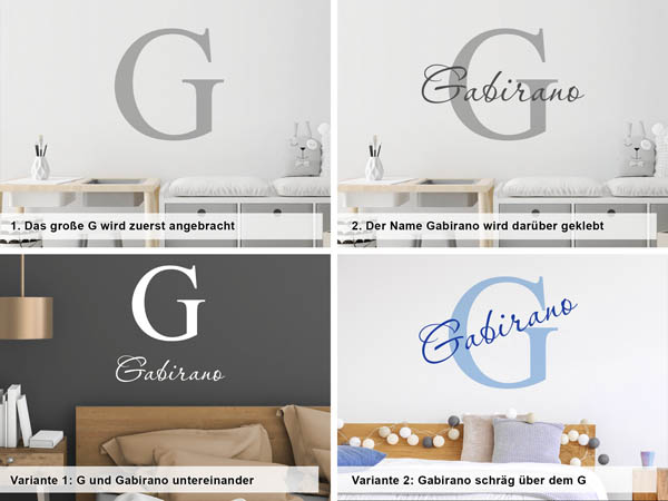 Verschiedene Anordnungen des Wandtattoos Gabirano